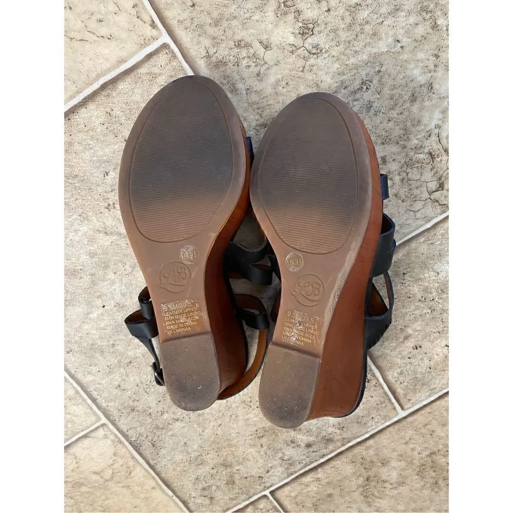 Lucky Brand Womens Larinaa Platform Wedge Sandals Black Ankle Strap Buckle 9.5